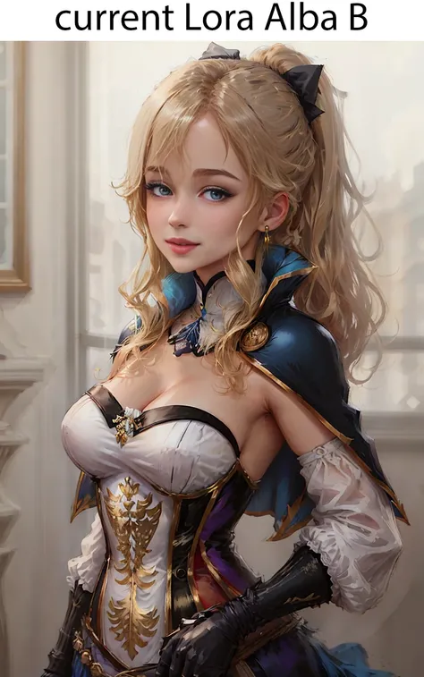masterpiece, best quality, shenhe \(genshin impact\), <lora:albaB_v1:0.7> masterpiece, best quality, jean \(genshin impact\), 1girl, breasts, solo, cleavage, strapless, smile, ponytail, bangs, jewelry, earrings, bow, capelet, signature, sidelocks, cape, corset, shiny, blonde hair, long hair, upper body, detached sleeves, purple eyes, hair between eyes, hair bow, parted lips, looking to the side, large breasts, detached collar, medium breasts, blue capelet, white background, black bow, blue eyes, bare shoulders, simple background <lora:Jean_Medium:0.8>