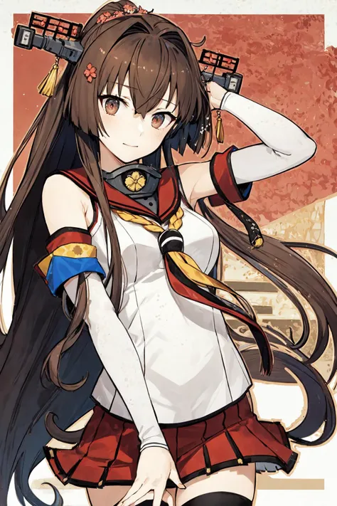 hanafuda \(yys\), hanafuda, 1girl, solo,
 <lora:yamato:0.8>, yamato_\(kancolle\), 
(original_costume), headgear, sailor collar, detached_sleeves, red_skirt, pleated_skirt, black_thighhighs, bare_shoulders,
