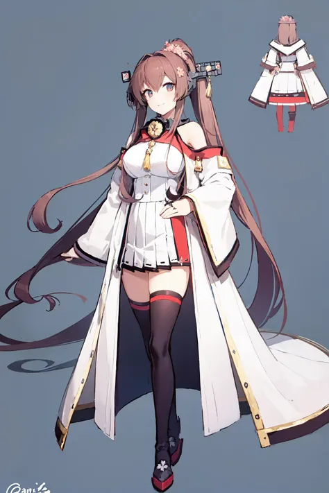 BArtstyleCS, 1girl, solo, yamato_\(kancolle\),
best quality, (kaini_costume), headgear, detached_sleeves, long sleeves, white skirt, pleated skirt, black_highhighs, bare_shoulders, white coat, sleeveless coat, clothing cutout, coat on shoulders, long coat, metal collar, shoulder cutout, collar, zettai ryouiki, thigh boots, black and red legwear
large breasts, pony tail, very long hair,
simple background,white background, looking at viewer, facing viewer, standing, light smile,(full body, concept art, design sheet, ) <lora:yamato:1>