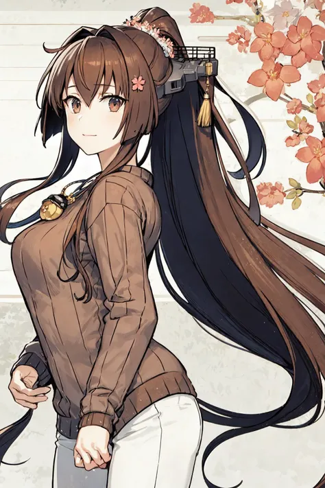 hanafuda \(yys\), hanafuda, 1girl, solo,
<lora:yamato:0.8>, yamato_\(kancolle\),
(spring_costume), alternate costume, official alternate costume, brown sweater, sweater, ribbed_sweater, long_sleeves, white_pants,
