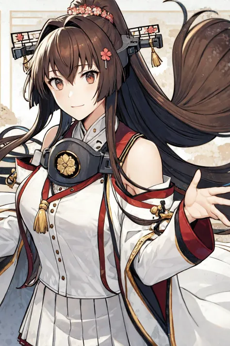 hanafuda \(yys\), hanafuda, 1girl, solo,
 <lora:yamato:0.8>, yamato_\(kancolle\), 
(kaini_costume), headgear, detached_sleeves, long sleeves, white skirt, pleated skirt, black_highhighs, bare_shoulders, white coat, sleeveless coat, clothing cutout, coat on shoulders, long coat, metal collar, shoulder cutout, collar,