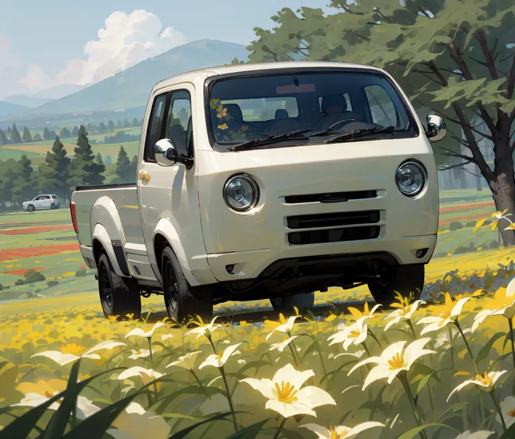 best quality,T880,pickup truck,vehicle focus,no humans, 
(flower field,idyllic:1.2),
<lyco:T880_V10c-000003:0.7>