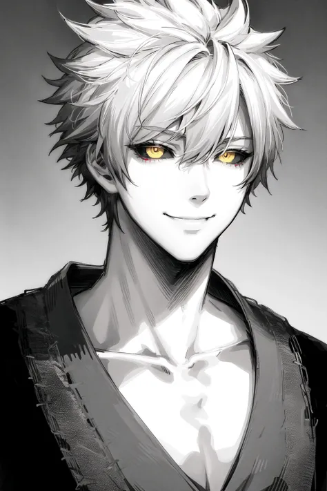 1boy, black sclera, closed mouth, collarbone, colored sclera, greyscale, japanese clothes, looking at viewer, male focus, monochrome, short hair, smile, solo, spiked hair, spot color, upper body, yellow eyes