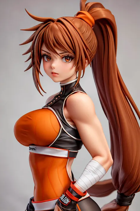 (best quality), upper body portrait, dnfstriker, extremely beautiful, brown hair, ponytail, toned body, orange sleeveless turtleneck, fingerless gloves, wrists with white bandages, black leggings, looking at viewer, standing, nothing behind the background, <lora:striker-nvwls-v1-final:1>, <lora:add_detail:1>