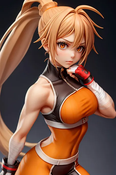 (best quality), upper body portrait, dnfstriker, extremely beautiful, ponytail, toned body, orange sleeveless turtleneck, fingerless gloves, wrists with white bandages, black leggings, looking at viewer, standing, nothing behind the background, <lora:striker-nvwls-v1-final:1>, <lora:add_detail:1>