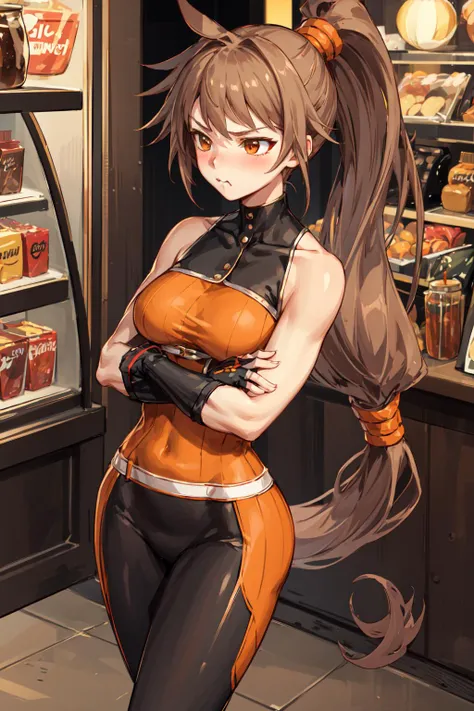 <lora:striker-nvwls-v1-final> dnfstriker, ponytail, orange sleeveless turtleneck, fingerless gloves, black leggings, orange shoes, :t, pouting, crossed arms, looking away from viewer, candy store, city shop, casual, blushing, solo, focus