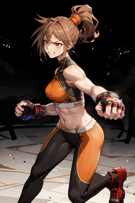 Sweating Woman、Kung Fu Master、Elbow pads、Chest Armor、Serious expression、Mature、Gloves、Brown Hair、short hair、Headband、Red clothes、skirt、black tights、Trained biceps