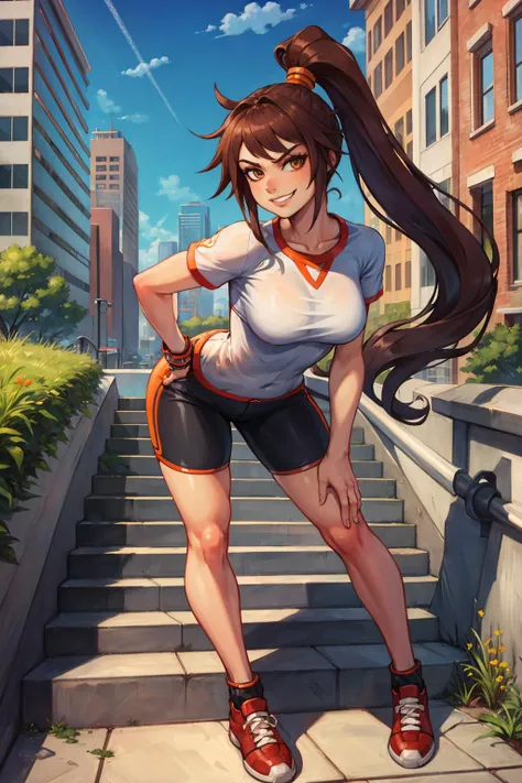 masterpiece, best quality, dnfstriker, ponytail, white t-shirt, black shorts, orange shoes, standing, city, stairs, looking at viewer, smirk, leaning forward <lora:striker-nvwls-v2-000010:0.7>