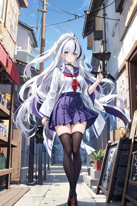 ,Unzen, 1girl, long hair, multicolored hair,purple eyes,
,JK,school uniform,Japanese school uniform, black thighhighs, standing ,
street,outside,tree,shop,
 <lora:Unzen_20230911102126-000018:0.8>