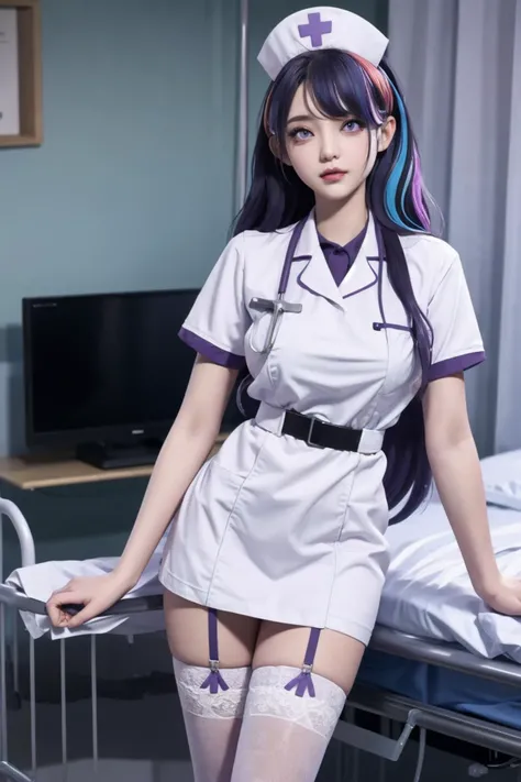 ,Unzen, 1girl, long hair, multicolored hair,purple eyes,
,nurse,nurse cap,nurse suit, white thighhighs, standing ,
hospital,hospital bed,
<lora:Unzen_20230911102126-000018:0.8>