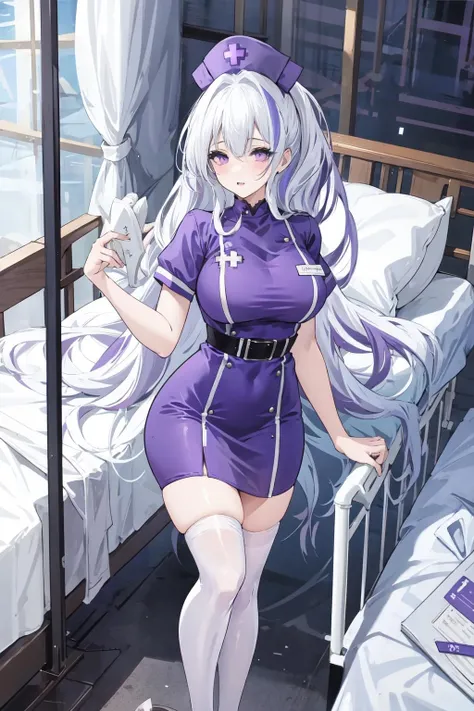 ,Unzen, 1girl, long hair, multicolored hair,purple eyes,
,nurse,nurse cap,nurse suit, white thighhighs, standing ,
hospital,hospital bed,
<lora:Unzen_20230911102126-000018:0.8>