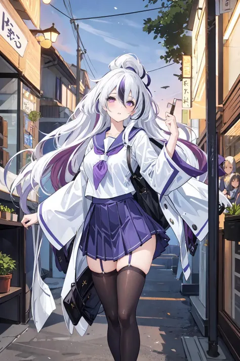 ,Unzen, 1girl, long hair, multicolored hair,purple eyes,
,JK,school uniform,Japanese school uniform, black thighhighs, standing ,
street,outside,tree,shop,
 <lora:Unzen_20230911102126-000018:0.8>