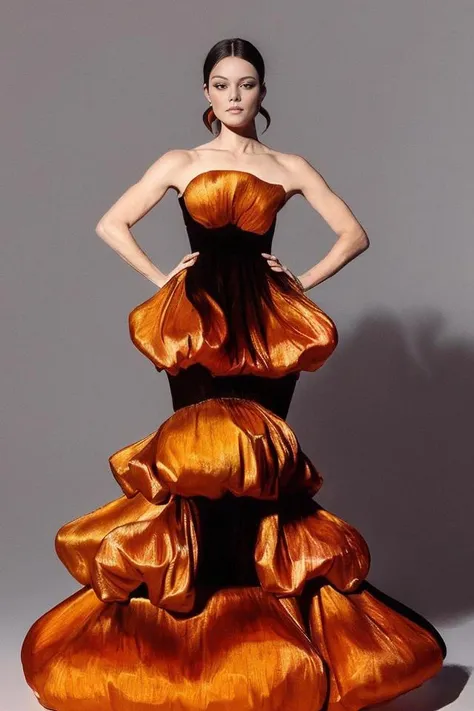 (masterpiece, best quality) photo of a woman, full body, wearing orange and black ombre dress, fullbloom, 1girl, solo <lora:MissSohee-fullbloom:1>