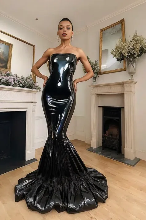 (masterpiece, best quality) photo of a woman, wearing dress, latex, full body, wearing dress, fullbloom, 1girl, solo <lora:MissSohee-fullbloom:0.8>