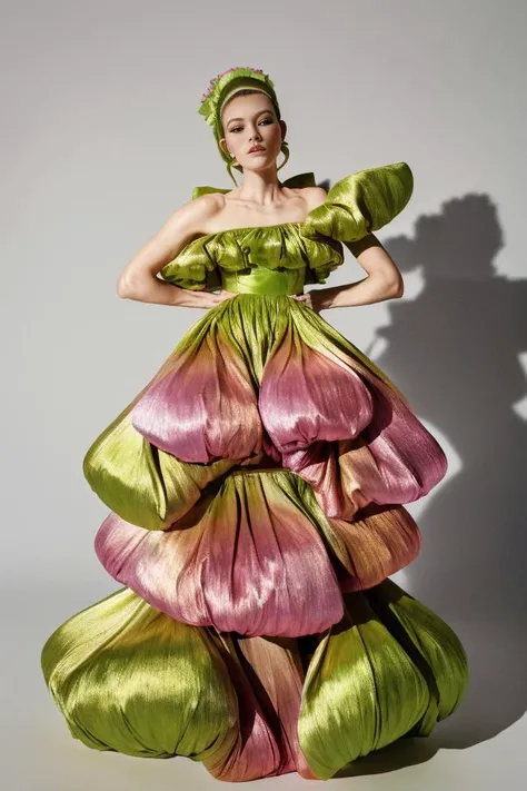 (masterpiece, best quality) photo of a woman, full body, wearing green and pink dress, fullbloom, peplum, 1girl, solo <lora:MissSohee-fullbloom:1>