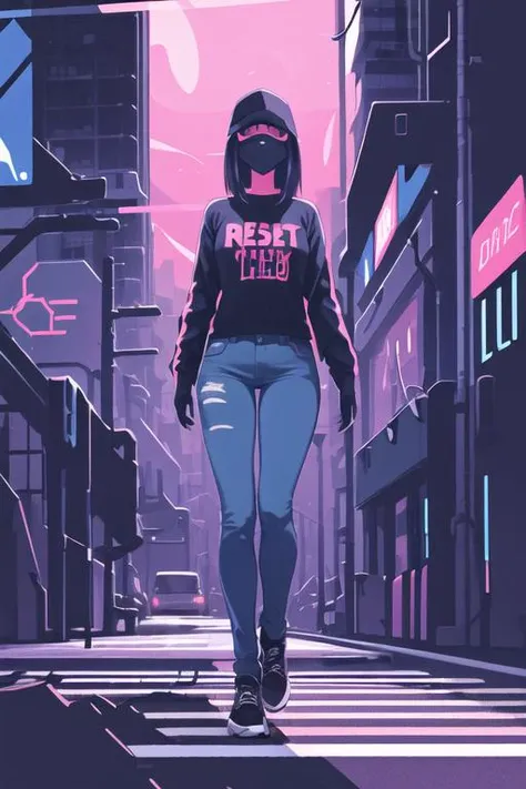 1girl, shirt, jeans, futuristic city, street, neon lights, cyberpunk, best quality, <lora:dreamyVectorStyle_v1:1>, vectorstyle