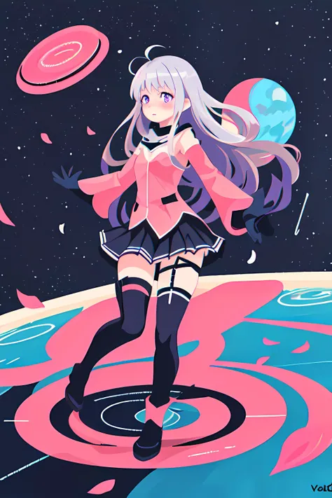 1girl, vector style, bangs, blue_fire, blush, floating_hair, gloves, long_sleeves, looking_at_viewer, magic, magic_circle, night, petals, planet, pleated_skirt, purple_eyes, silver_hair, skirt, sky, solo, space, thigh_strap, thighhighs, thighs, wading, water, wide_sleeves <lora:dreamyVectorStyle_v1:1>