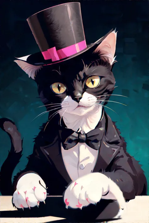 <lora:dreamyvector:0.8>, vectorstyle, kitty cat wearing a top hat, no humans || <lora:dreamyvector:0.4>, masterpiece, perfect quality, sharp focus, shallow depth of field, 8k