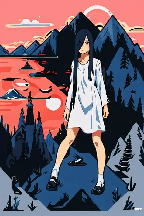 ((masterpiece)),(best quality), absurdres,sadako_yamamura,red_eyes, white dress,<lora:Sadakobest:0.8>, <lora:dreamyVectorStyle_v1:1>,vectorstyle,mountains, 1girl,solo, <lora:limitedBlueStyleLORA_v1:1>,