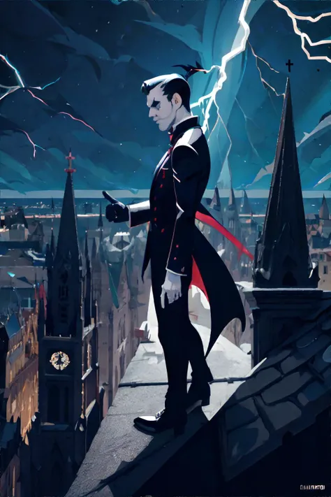 <lora:dreamyvector:0.8>, vectorstyle, vampire man standing on church rooftop, nighttime, lightning || <lora:dreamyvector:0.4>, masterpiece, perfect quality, sharp focus, shallow depth of field, 8k