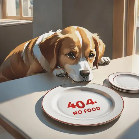 Anime style. A depressed and crying dog is lying near by the (empty and clean plate:2.1) in front of him. (There's a text "404 No Food" written on the surface of that clean blank plate:2.4).
1dog, running, exaggerated movements, drooling, hungry, starve, excited, energetic, chasing, empty plate