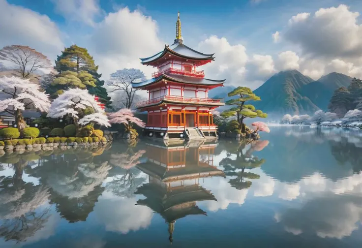Traditional Japanese tempel close to viewer, mirroring lake, winter, clouds, Fairy tale light effect , <lora:xl_more_art-full_v1:0.5>