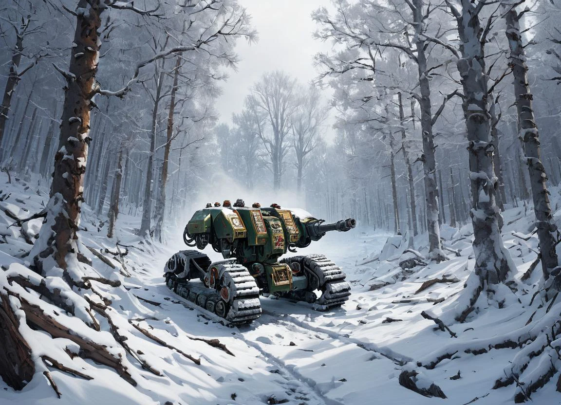 a winter landscape, a dense forest with a lot of snow, drdnght machine is walking through the snow leaving a trail of destruction behind
<lora:Space_Marine_Dreadnought_-_Warhammer_40000_SDXL:0.8> drdnght machine