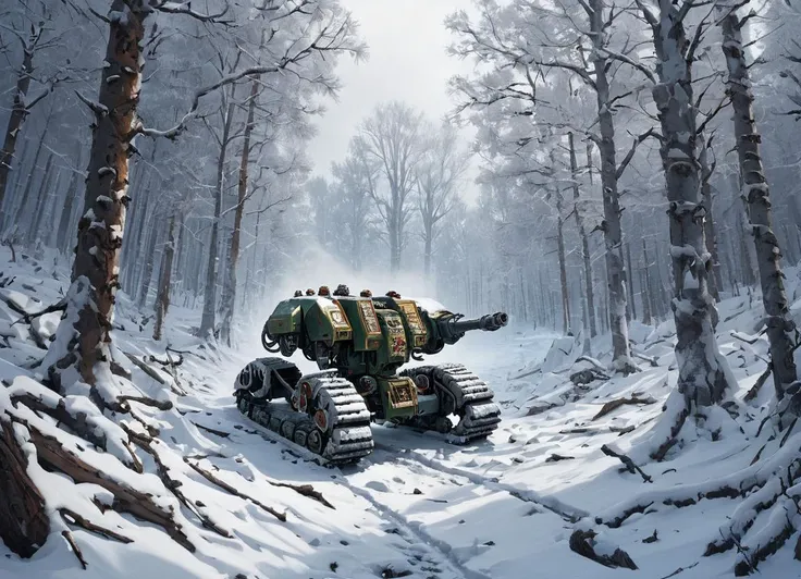 a winter landscape, a dense forest with a lot of snow, drdnght machine is walking through the snow leaving a trail of destruction behind
 <lora:Space_Marine_Dreadnought_-_Warhammer_40000_SDXL:0.8> drdnght machine