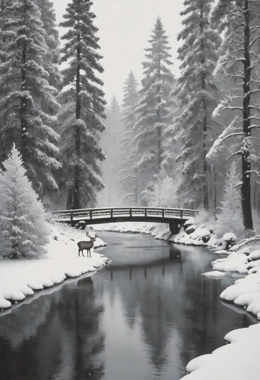 Snowy siberian forest, a few deer, one buck with visible breath, grainy, black and white SLR film photography, snowing, moderate snowfall, icicles, pine trees, steam, holly, realistic, high quality, realistic, icy water, bear, ice, small bridge
