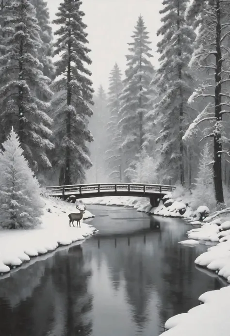 Snowy siberian forest, a few deer, one buck with visible breath, grainy, black and white SLR film photography, snowing, moderate snowfall, icicles, pine trees, steam, holly, realistic, high quality, realistic, icy water, bear, ice, small bridge