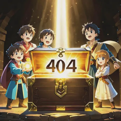 Anime style. The 3 treasure hunters opened the jewel-filled treasure chest in astonishment and joy facial expressions. The chest emitted a beam of light. (There is a giant text "404" on that light emitted from the chest:2.5).
3 treasure hunter, 3 people, adventurers, amazed, happy, opening, treasure chest, jewel-filled, bright light, inscription, "404", detailed background, fantasy, glow, gold, gems, shiny, surprise