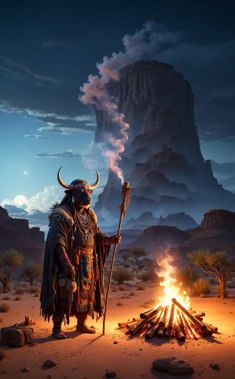 A old aged water buffalo from the western United States wearing a shaman's outfit and a hooded cloak that follows the spirits of nature, such as wind and fire, with a shaman stick and travel baggage in one hand, smoking a cigar in front of a bonfire and practicing shamanism.
Break, A vast and clear night sky with various totems and bonfires in the background of a huge desert oasis shelter.
Break, full shot, cinematic lighting, dramtic Scene,High quality 3D rendering, fantasy, Pixar 3D character design style.
<lora:add-detail-xl:0.8>, <lora:xl_more_art-full_v1:0.5>,