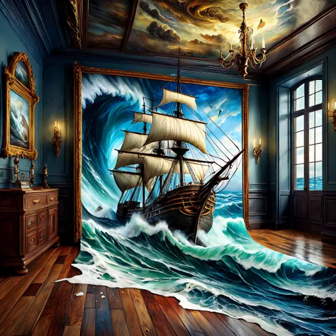 8K, UHD, HDR, intricate details, photograph, realistic, highly detailed,
An oil painting depicting a ship on a turbulent ocean. Water pours from the painting into the room and onto the floor.
Fantasy style. Fantasy dreamlike art. Surreal Harmony.
<lora:RMSDXL_Enhance:0.45>,
<lora:add-detail-xl:0.8>,
<lora:SurrealHarmony:1>