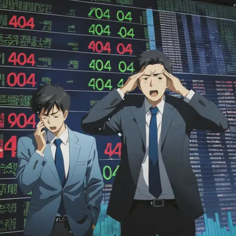 Anime style. 2 stock investors and businessmen (sadly:2) stood in front of a stock screen, all crying as tears streamed down their faces. On the screen, a chart continuously displayed the (continuously declining stock prices:1.6). Finally, the prices reached a certain point. (There is a humongous text "404" on the screen:3).
2 people, detailed background, hand gestures, electronic devices, stock market screens, charts, declining stock prices, dramatic movement, overlapping bodies, (404 text:2.5), shock, disbelief, despair, group dynamic, businessmen, investors, suit accessories, Wall Street, trading floor, dreams shattered, loss, finance, investment, sorrow, hopelessness, contrast, ups and downs, market volatility, human emotions, broken dreams, digital displays, economic collapse, figures in background, panic, global financial crisis