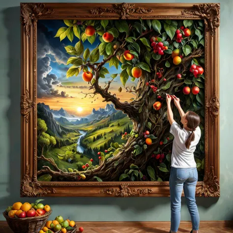 8K, UHD, HDR, intricate details, photograph, realistic, highly detailed,
An artist reaches into a painting (on a wall) to pluck a piece of fruit from a branch of a tree painted within the frame.
Surreal Harmony.
<lora:RMSDXL_Enhance:0.45>,
<lora:add-detail-xl:0.8>,
<lora:SurrealHarmony:1>