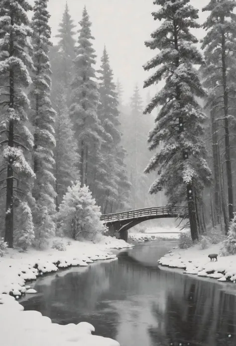 Snowy siberian forest, a few deer, one buck with visible breath, grainy, black and white SLR film photography, snowing, moderate snowfall, icicles, pine trees, steam, holly, realistic, high quality, realistic, icy water, bear, ice, small bridge