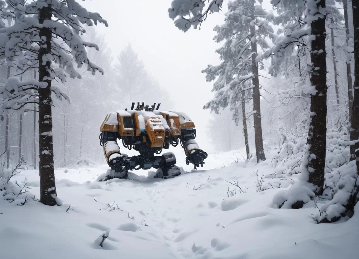 a winter landscape, a dense forest with a lot of snow, drdnght machine is standing in the snow, covered in snow, heavy snowfall, close-up, poor visibility,
<lora:Space_Marine_Dreadnought_-_Warhammer_40000_SDXL:0.8> drdnght machine