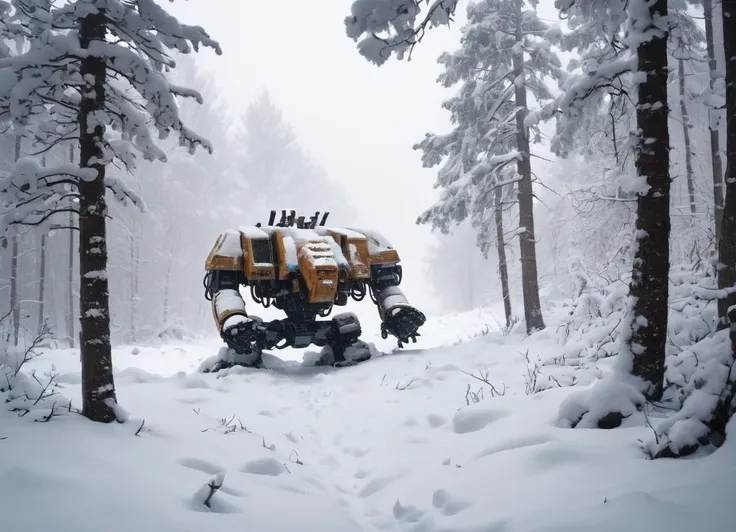 a winter landscape, a dense forest with a lot of snow, drdnght machine is standing in the snow, covered in snow, heavy snowfall, close-up, poor visibility, 
 <lora:Space_Marine_Dreadnought_-_Warhammer_40000_SDXL:0.8> drdnght machine