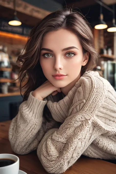 Medium distance photo of shy woman with curly hair, radiant brown eyes, perfect face and eyes, Soft portrait photographed in 8K, Medium distance photo of perfect face, portrait of Sophie Mudd with stunning brown eyes, Beautiful face portrait, girl with brown eyes, perfect face), medium distance portrait showing full face and hair, beautiful portrait image, Wearing black turtleneck t-shirt, jeans, with brown eyes, Full image, Irish coffee background, very blurred, with only highlights and indistinct shadows, Full image