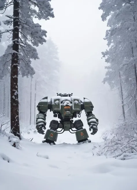 a winter landscape, a dense forest with a lot of snow, drdnght machine is standing in the snow, covered in snow, heavy snowfall, close-up, poor visibility, 
 <lora:Space_Marine_Dreadnought_-_Warhammer_40000_SDXL:0.8> drdnght machine