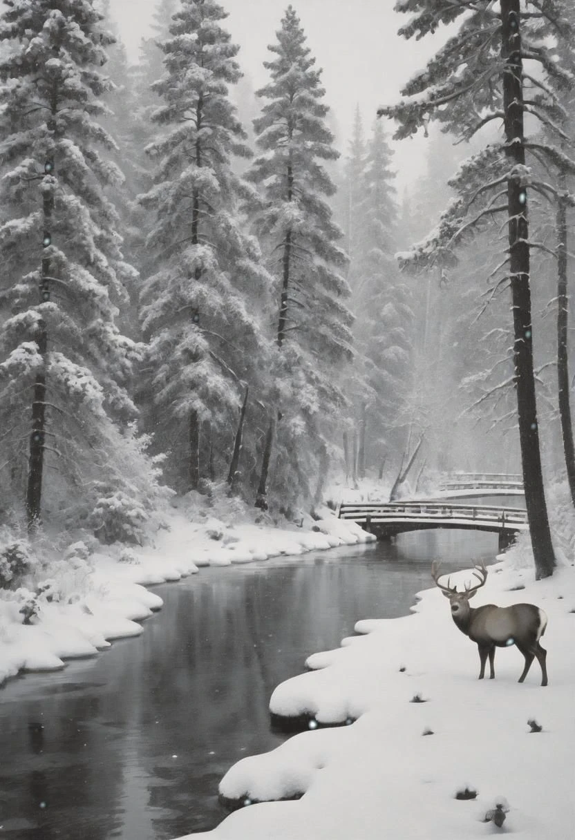 Snowy siberian forest, a few deer, one buck with visible breath, grainy, black and white SLR film photography, snowing, moderate snowfall, icicles, pine trees, steam, holly, realistic, high quality, realistic, icy water, bear, ice, small bridge