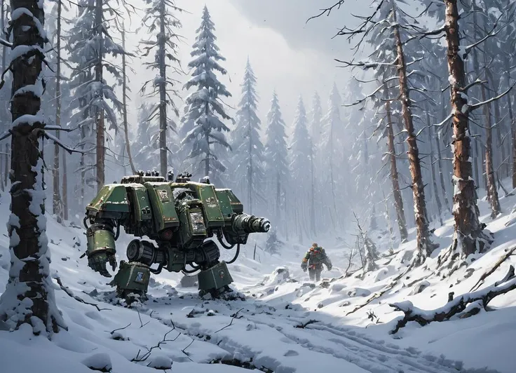 a winter landscape, a dense forest with a lot of snow, drdnght machine is walking through the snow leaving a trail of destruction behind
 <lora:Space_Marine_Dreadnought_-_Warhammer_40000_SDXL:0.8> drdnght machine