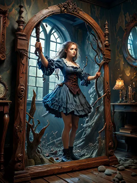 8K, UHD, HDR, intricate details, realistic, photo,

Beautiful young woman. Trapped inside a mirror, pounding on the glass, trying to escape.

(Full body view:1.95).

Fantasy style, fantasy dreamlike art. Rustic. 

Surreal harmony.

<lora:RMSDXL_Enhance:1>,
<lora:add-detail-xl:0.8>,
<lora:SurrealHarmony:1>