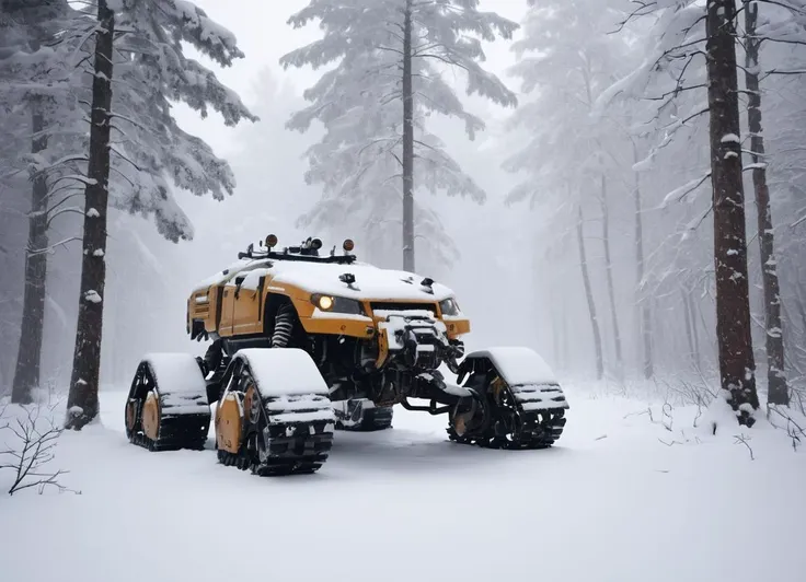 a winter landscape, a dense forest with a lot of snow, drdnght machine is standing in the snow, covered in snow, heavy snowfall, close-up, poor visibility, 
 <lora:Space_Marine_Dreadnought_-_Warhammer_40000_SDXL:0.8> drdnght machine