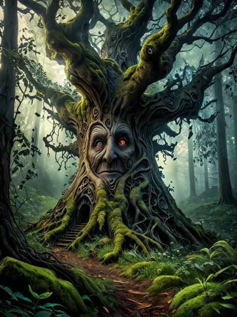 A surreal, mystical scene set in a dark, enchanted forest, The focus is on a massive, ethereal face made entirely of intertwining, gnarled tree roots and branches, with glowing, fiery orange eyes that radiate an intense, otherworldly energy, The face appears to be emerging from or merging with the forest, as if the spirit of the woods is coming to life. The background features a misty, blue-toned forest with twisted, ancient trees, their branches reaching out like skeletal arms. The atmosphere is both eerie and awe-inspiring, filled with a sense of ancient magic and the power of nature, 8k, Intricate details, depth of field, sharp focus, Cinematic natural Lighting, Deep Focus, f/22, Cinematic film still, shot on Sony a7R V, film grain, color graded, post-processed, cinematic lighting, 35mm film, best quality