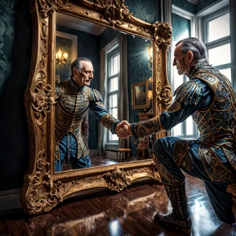 8K, UHD, HDR, intricate details, photograph, realistic, highly detailed,
A man shakes hands with his reflection in the mirror.
Surreal Harmony.
<lora:RMSDXL_Enhance:0.45>,
<lora:add-detail-xl:0.8>,
<lora:SurrealHarmony:1>