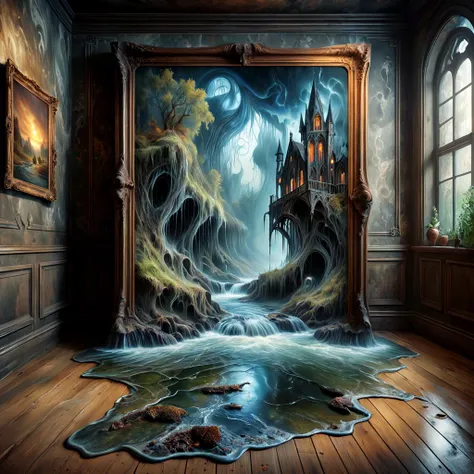 8K, UHD, HDR, intricate details, realistic, photo,

(Paint a cursed Gothic-style painting),

A painting of a river hangs on an art gallery wall. Water pours from the painting onto the floor.

Fantasy style, fantasy dreamlike art. Rustic. 

Surreal harmony.

<lora:RMSDXL_Enhance:1>,
<lora:add-detail-xl:0.8>,
<lora:SurrealHarmony:1>
<lora:Ghostly_Style_SDXL:0.4>