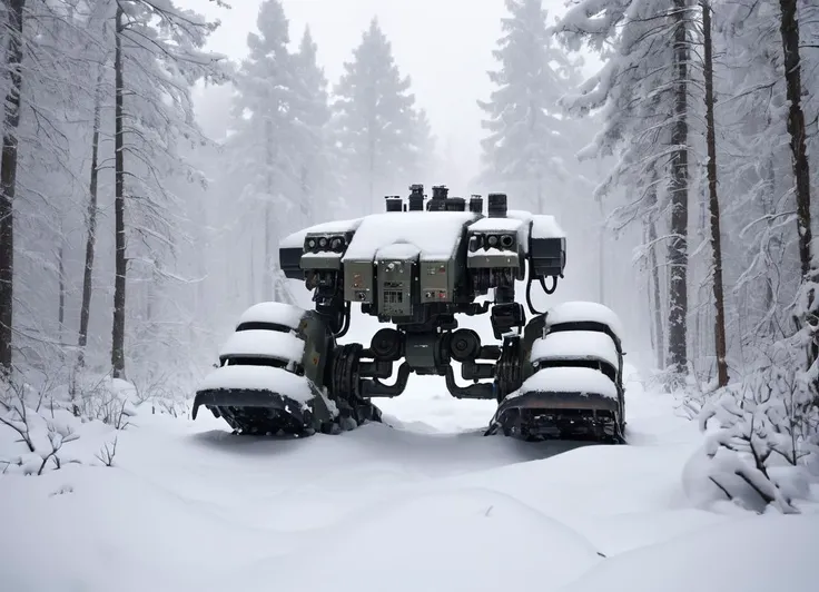 a winter landscape, a dense forest with a lot of snow, drdnght machine is standing in the snow, covered in snow, heavy snowfall, close-up, poor visibility, 
 <lora:Space_Marine_Dreadnought_-_Warhammer_40000_SDXL:0.8> drdnght machine