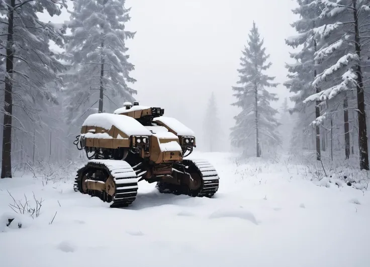 a winter landscape, a dense forest with a lot of snow, drdnght machine is standing in the snow, covered in snow, heavy snowfall, close-up, poor visibility, 
 <lora:Space_Marine_Dreadnought_-_Warhammer_40000_SDXL:0.8> drdnght machine