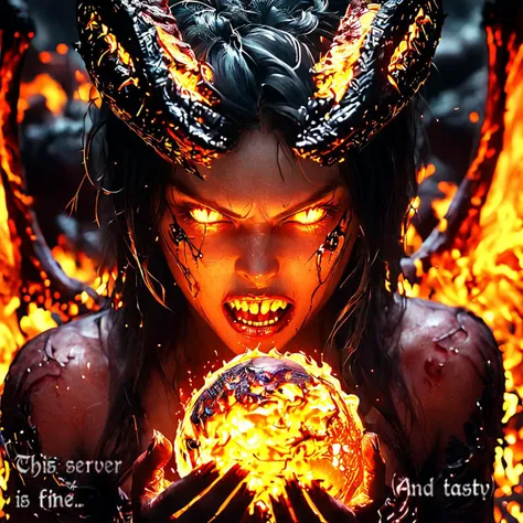 masterpiece, best quality, ultra_detailed, highres, absurdres, 1girl, beautiful, demon, glowing fire, glowing eyes, (open mouth:1.25), fang, drooling, holding, eating a glowing ball of lava, in hell, close up portrait, realistic, photography, hdr, text reading "This server is fine...", text reading "(And tasty)", (intricate details, extremely detailed:1.15), (ultrahigh resolution textures), HKEvil <lora:BeautyInEvilXL:1>